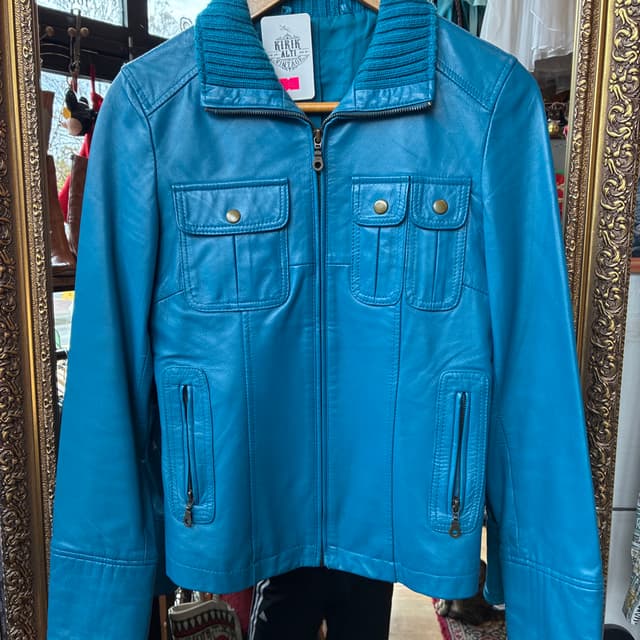 Asymmetric Pocket Teal Leather Jacket
